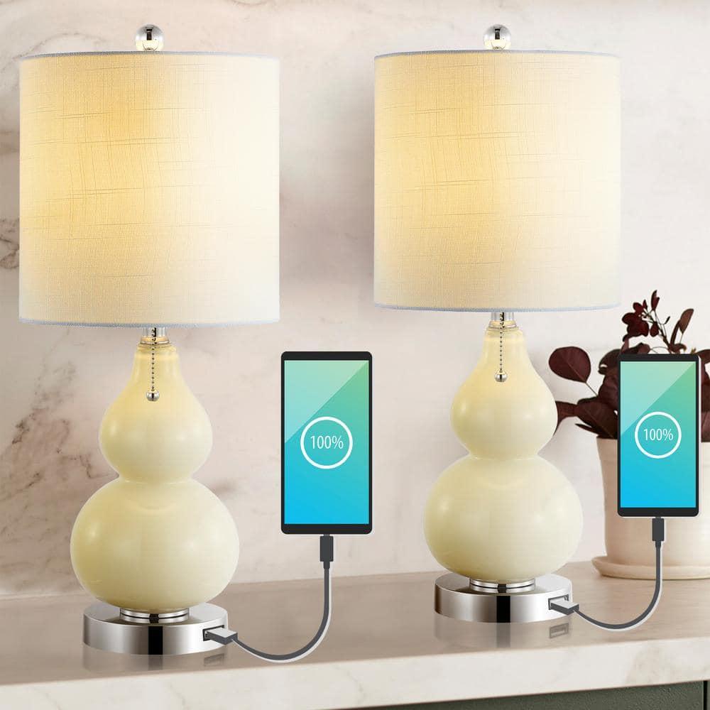 JONATHAN Y JYL1125A-SET2 Cora 22" Classic Vintage Glass LED Table Lamp with USB Charging Port, Coastal, Contemporary, Traditional for living room, bedroom Bulb Included, Cream (Set of 2)