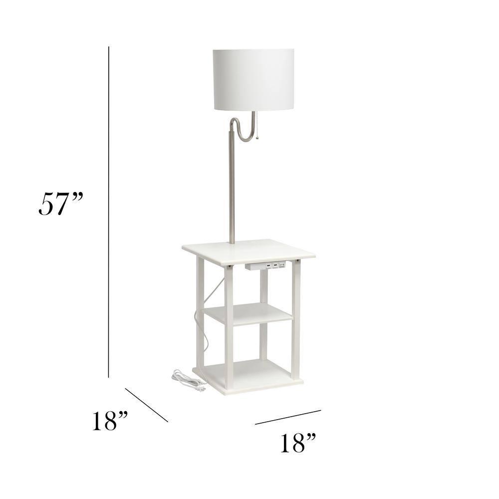 57 in. Modern 2 Tier End Table & White Drum Fabric Shade Floor Lamp with 2 x USB Charging Ports & Power Outlet, White