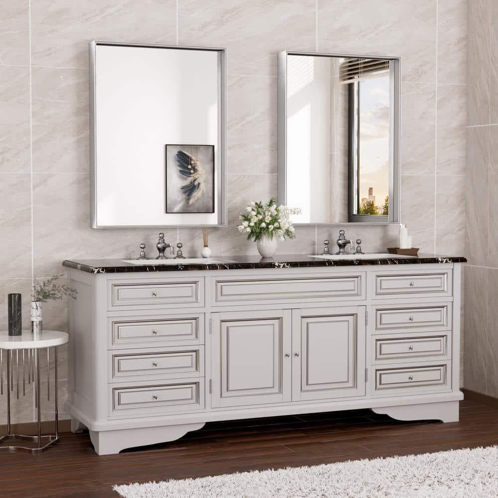 Keonjinn 24 x 32 in Brushed Nickel Bathroom Mirror for Wall, Silver Rectangular Metal Framed Vanity Mirror for Bathroom Sink Square Corner Aluminum Alloy Modern Rectangle Mirror(Horizontal/Vertical)