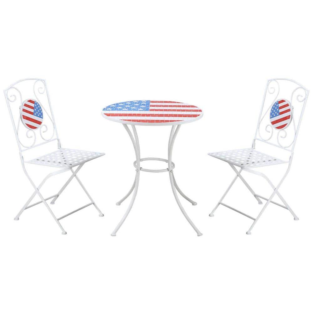 Outsunny 3 Piece Patio Bistro Set, Folding Outdoor Furniture with USA Mosaic Table and Chairs for 4th of July, Balcony, American Flag