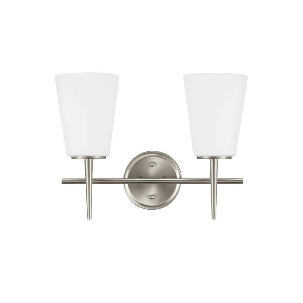 Driscoll 15.5 in. 2-Light Contemporary Modern Brushed Nickel Wall Bathroom Vanity Light with Etched White Glass Shades