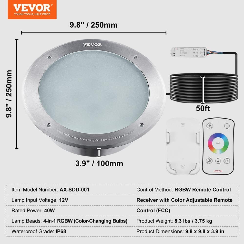 HCY 12V LED Pool Light, 10 Inch 40W, RGBW Color Changing Inground Swimming Pool Spa Light Underwater, with 50 FT Cord Remote Control, Fit for 10 in Large Wet Niches, IP68 & Tested to UL Standards