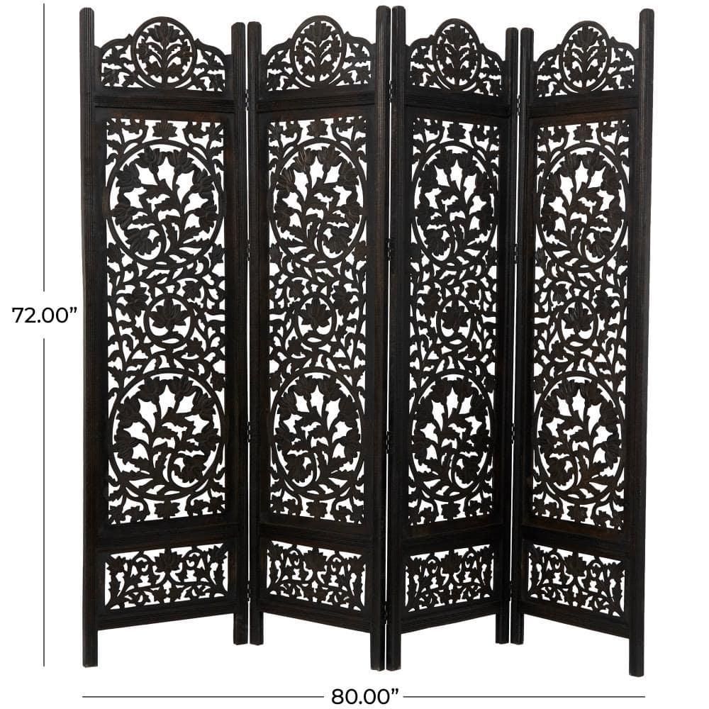 DecMode 80" x 72" Black Wood Floral Handmade Hinged Foldable Partition 4 Panel Room Divider Screen with Intricately Carved Designs, 1-Piece