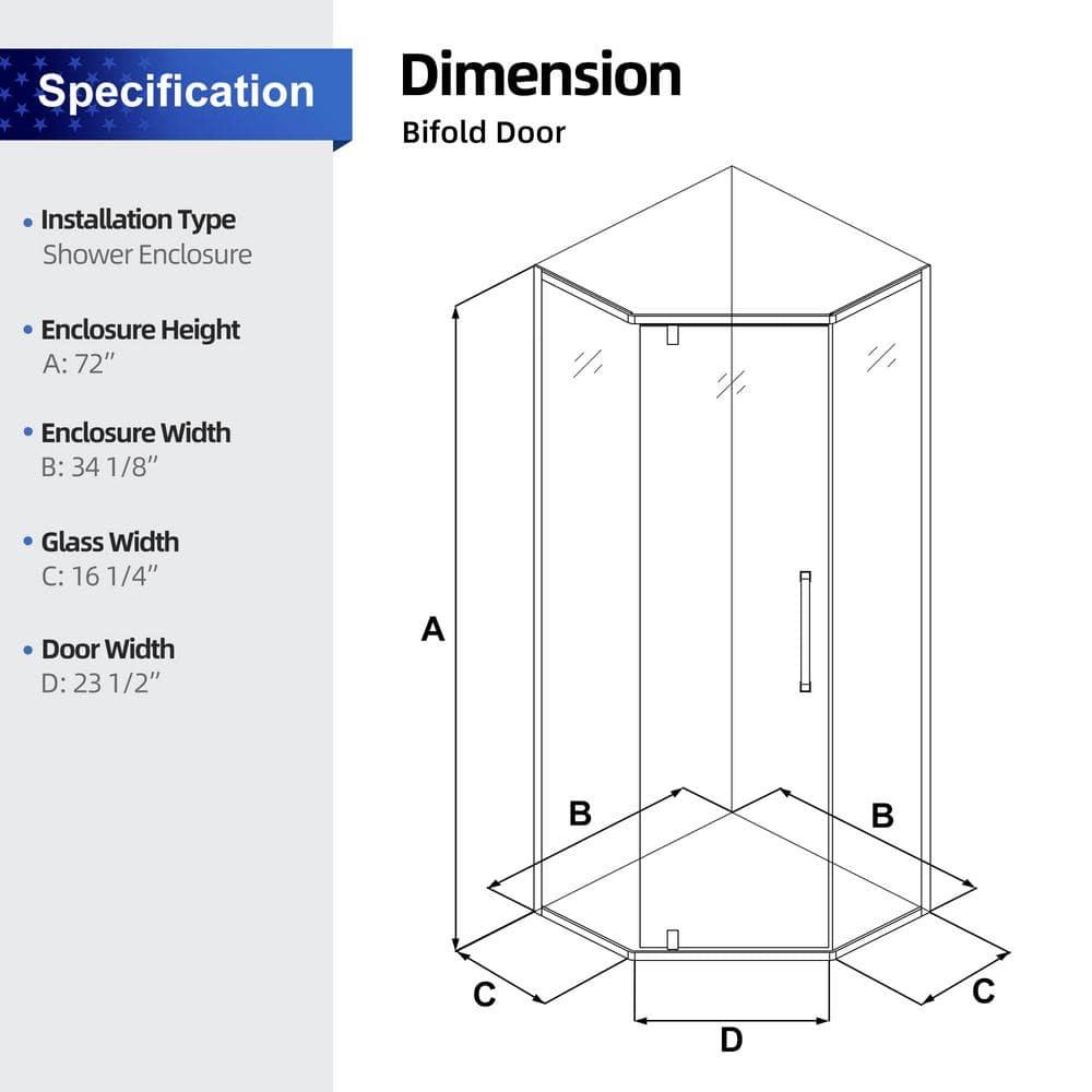 Audiohome Shower Door 34-1/8" X 72" Semi-Frameless Neo-Angle Hinged Shower Enclosure AHYTD-W124366340