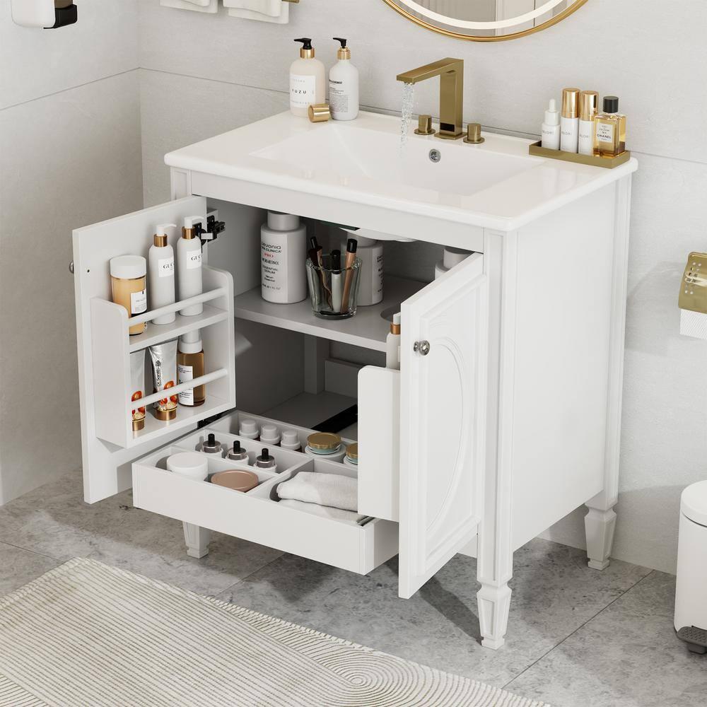 Christopher Knight Home Alison 30" Modern Rubberwood Bathroom Vanity with Ceramic Sink, Shelves and Drawer, White