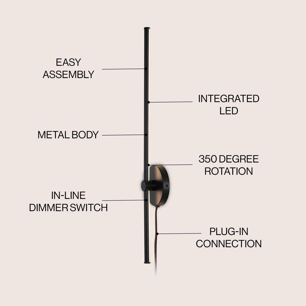Anton 27.25 in. 1-Light Modern Minimalist Iron Adjustable Bar Integrated LED Plug-In Sconce, Black