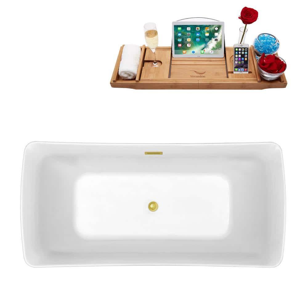 59" Streamline Freestanding Soaking Acrylic Bathtub With Drain and Bamboo Tray