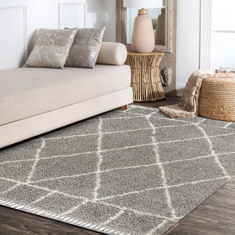 4'x6' Mercer Shag Plush Tassel Moroccan Geometric Trellis Area Rug, Grey/Cream - JONATHAN Y