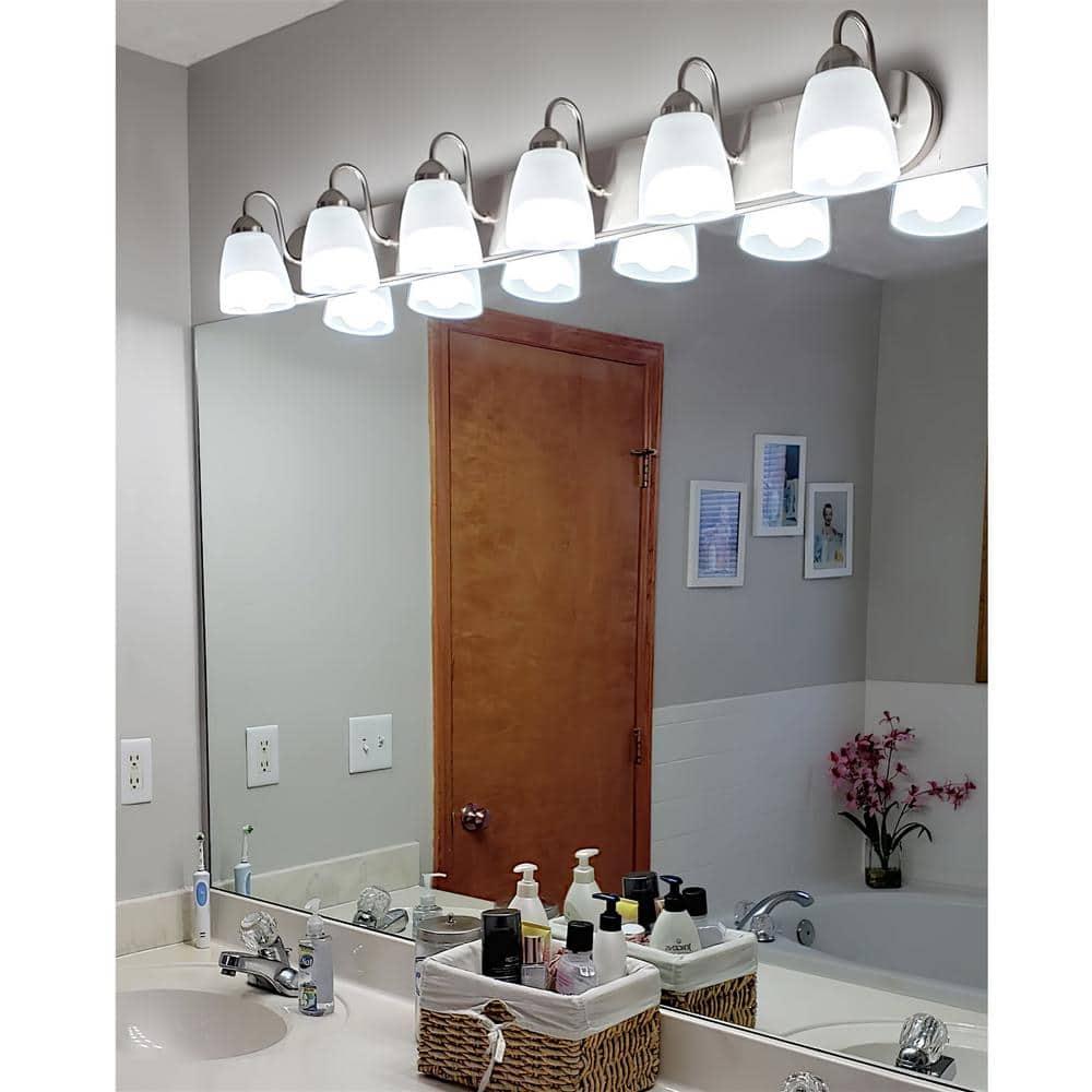 Kira Home Armada 49" 6-Light Over Mirror / Bathroom Light, Frosted Glass Shades, Curved Arms, Brushed Nickel