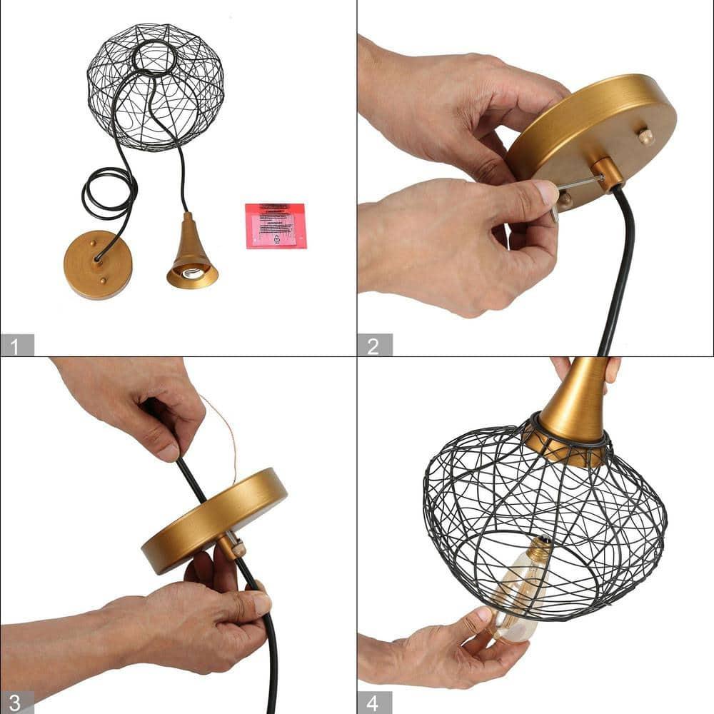 Modern Industrial Black and Brass Geometric Cage Pendant Light
