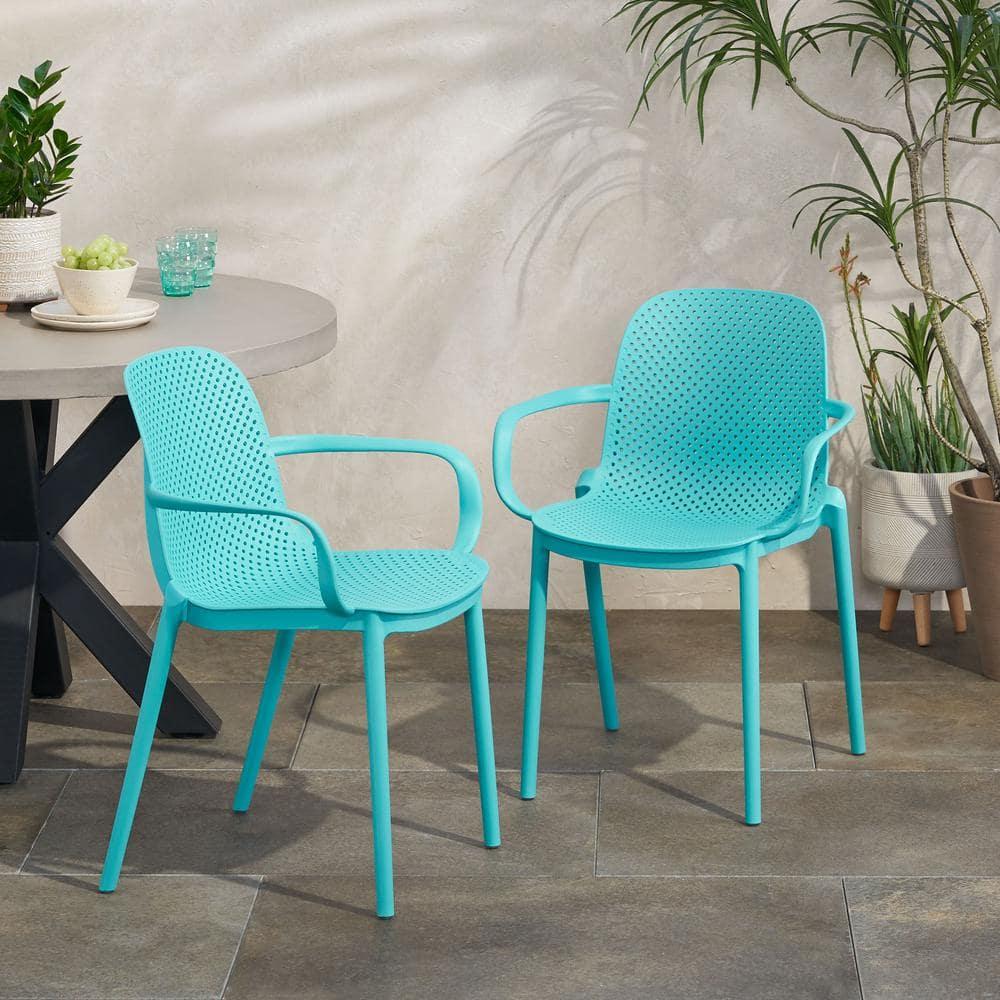 Noble House Gardenia Plastic Stacking Patio Dining Arm Chair in Teal (Set of 2)