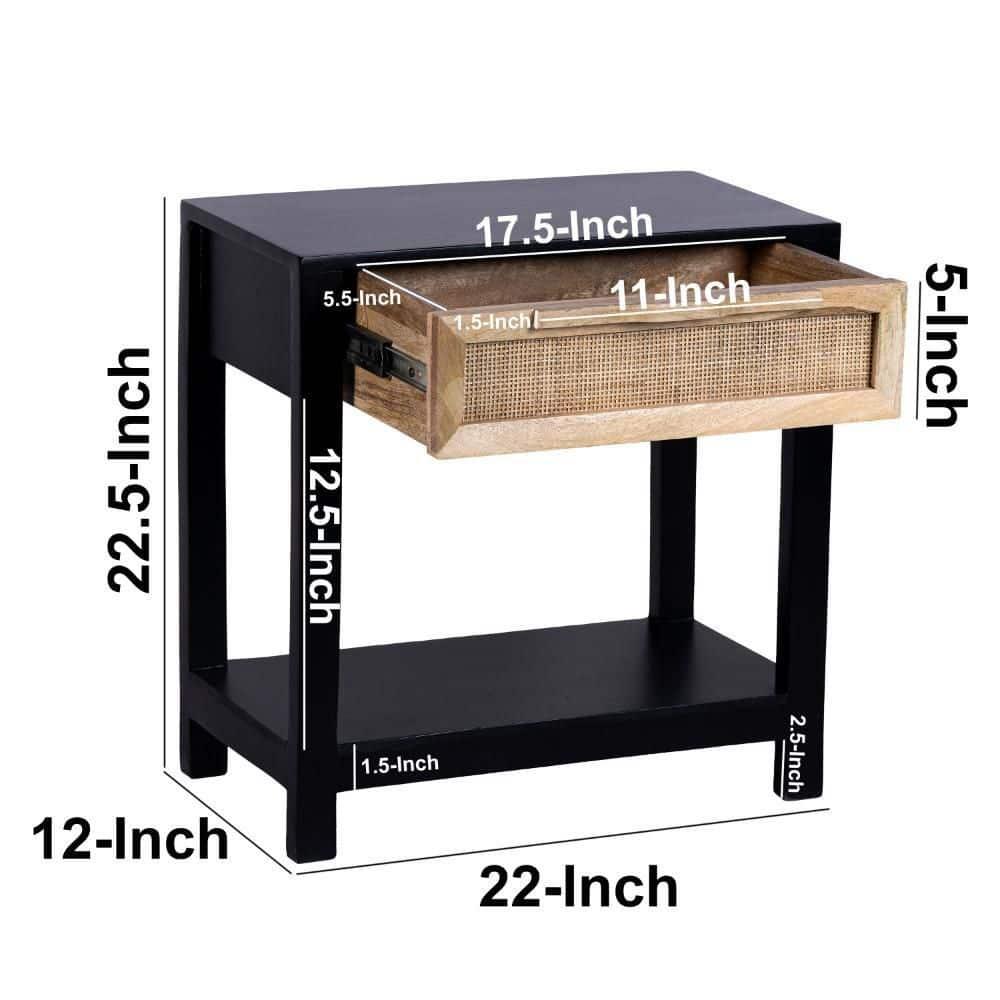 Benzara 22" Side Table with Rattan Front Drawer and Open Shelf Mango Wood Frame Black/Brown