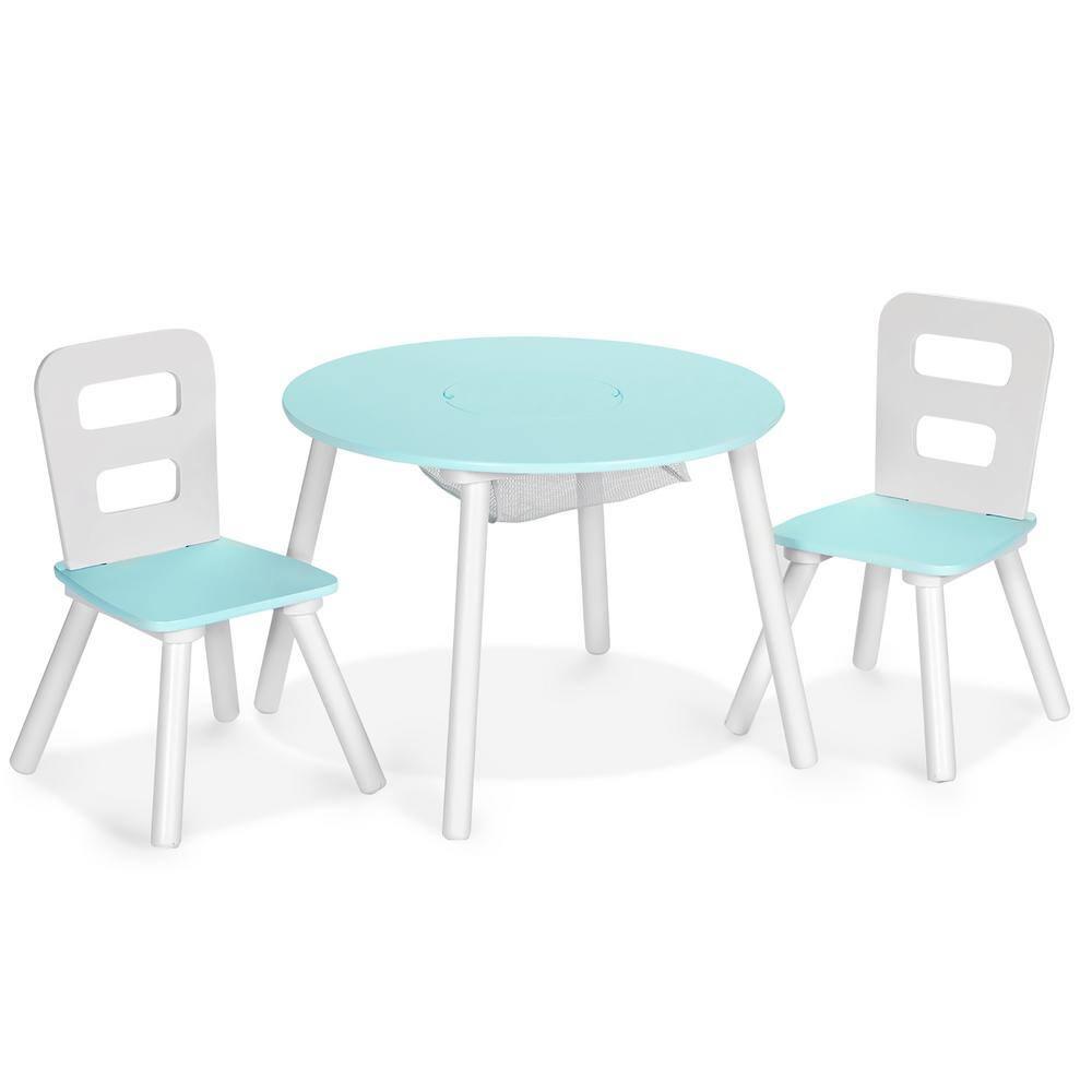INDSUMOT Kids Table and Chair Set, Wooden Children Activity Table and 2 Chairs for Art & Craft, Storage Mesh Basket, 3-Piece Toddler Furniture Set for Daycare & Playroom, Gift for Boys Girls(Blue)