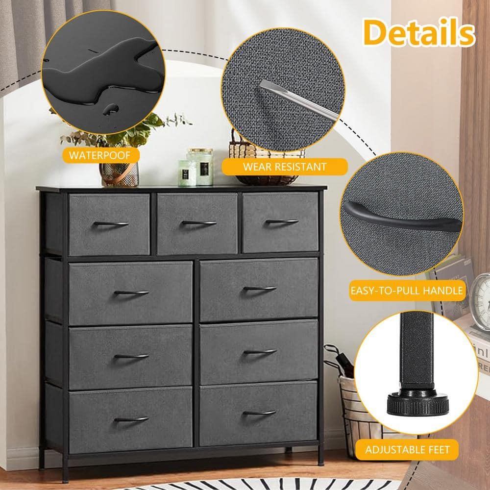 9 Drawer Dresser, Wide Chest Of Drawers Nightstand Storage Tower Storage Dresser Fabric Dresser With Wood Top, Metal Frame, Gray