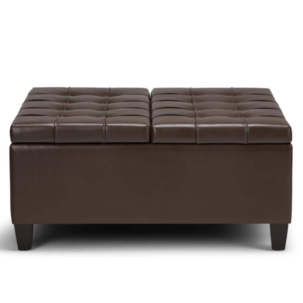 Simpli Home Harrison 36"W Upholstered Square Coffee Table Storage Ottoman with Split Lift Top