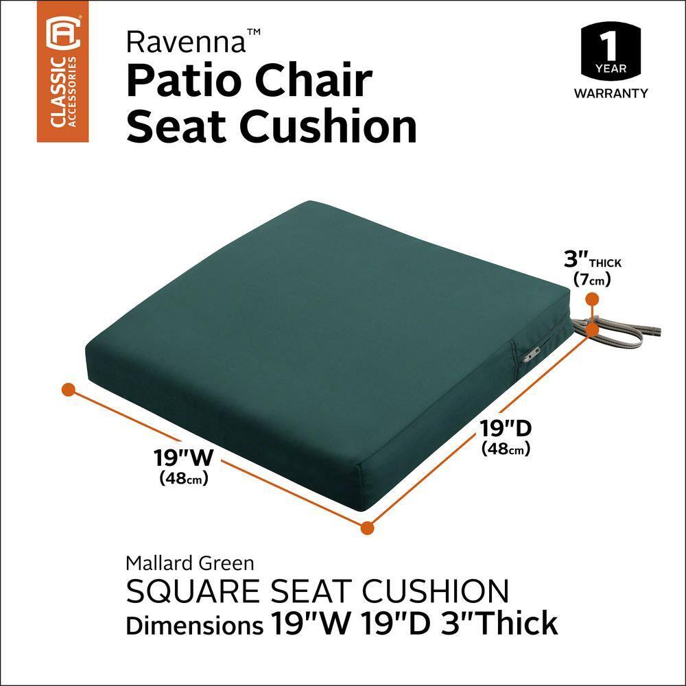 19" x 19" x 3" Ravenna Water-Resistant Patio Seat Cushion Mallard Green - Classic Accessories: Zippered, Polyurethane Foam Filled