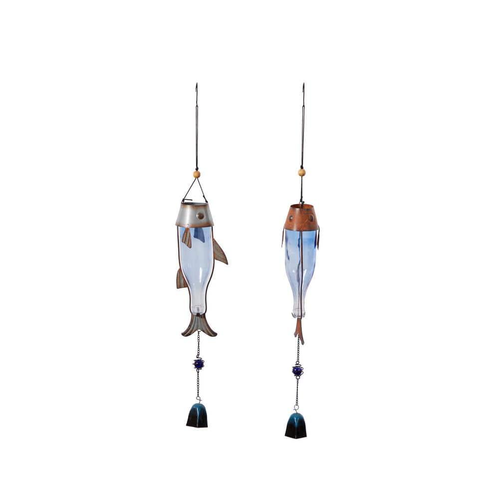 DecMode 32" Blue Metal Fish Windchime with Glass Bottle Body and Beads (2 Count)