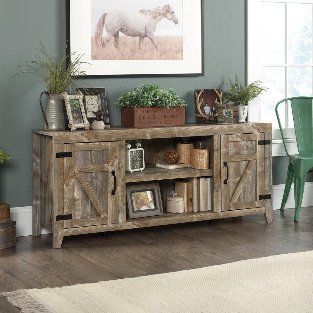 Sauder Rustic Cedar Farmhouse TV Stand with Storage for TVs up to 70", Rustic Cedar Finish