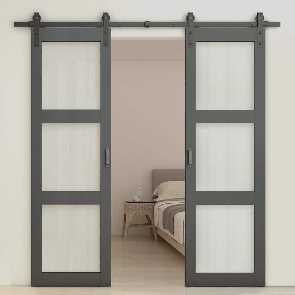 Calhome 3-Lite Tempered Frosted Glass White Finished Composite Double Sliding Barn Door with Hardware Kit Handle