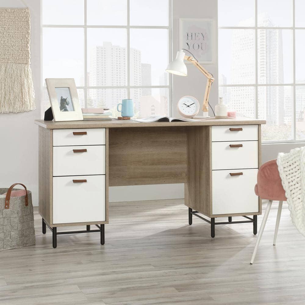Sauder Anda Norr Engineered Wood Executive Desk in Sky Oak and White