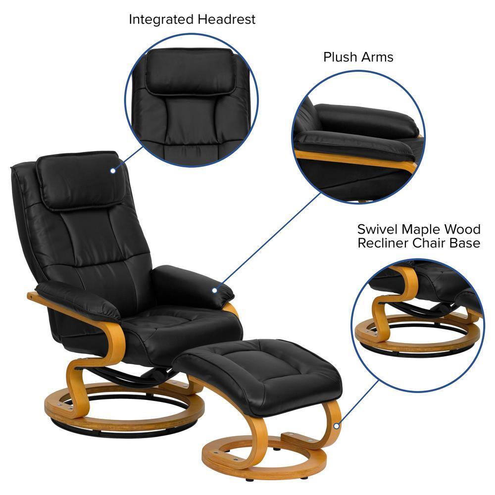 Flash Furniture Davies Contemporary Adjustable Recliner and Ottoman with Swivel Maple Wood Base in Black LeatherSoft