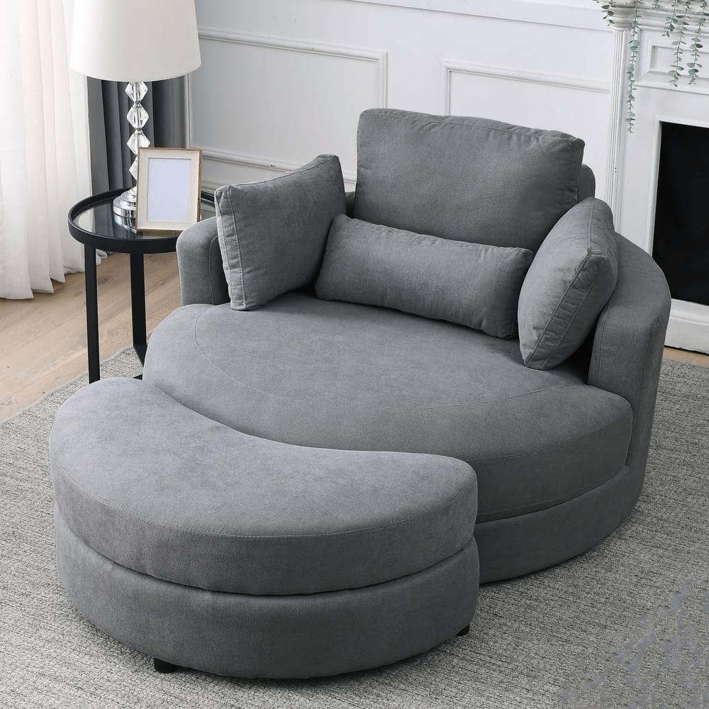 Modern 51" Oversized Swivel Accent Barrel Chair with Storage Ottoman, Club Big Round Cuddle Chair Sofa Lounge for Living Room Hotel Corner Reading (Linen Dark Gray)