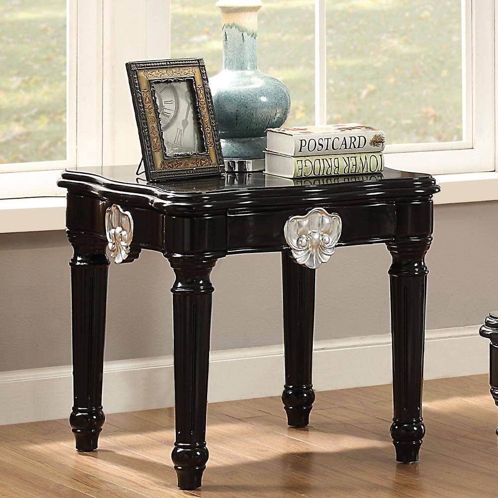 Wooden End Table With Contrast Carved Motif Turned Legs Black - Saltoro Sherpi