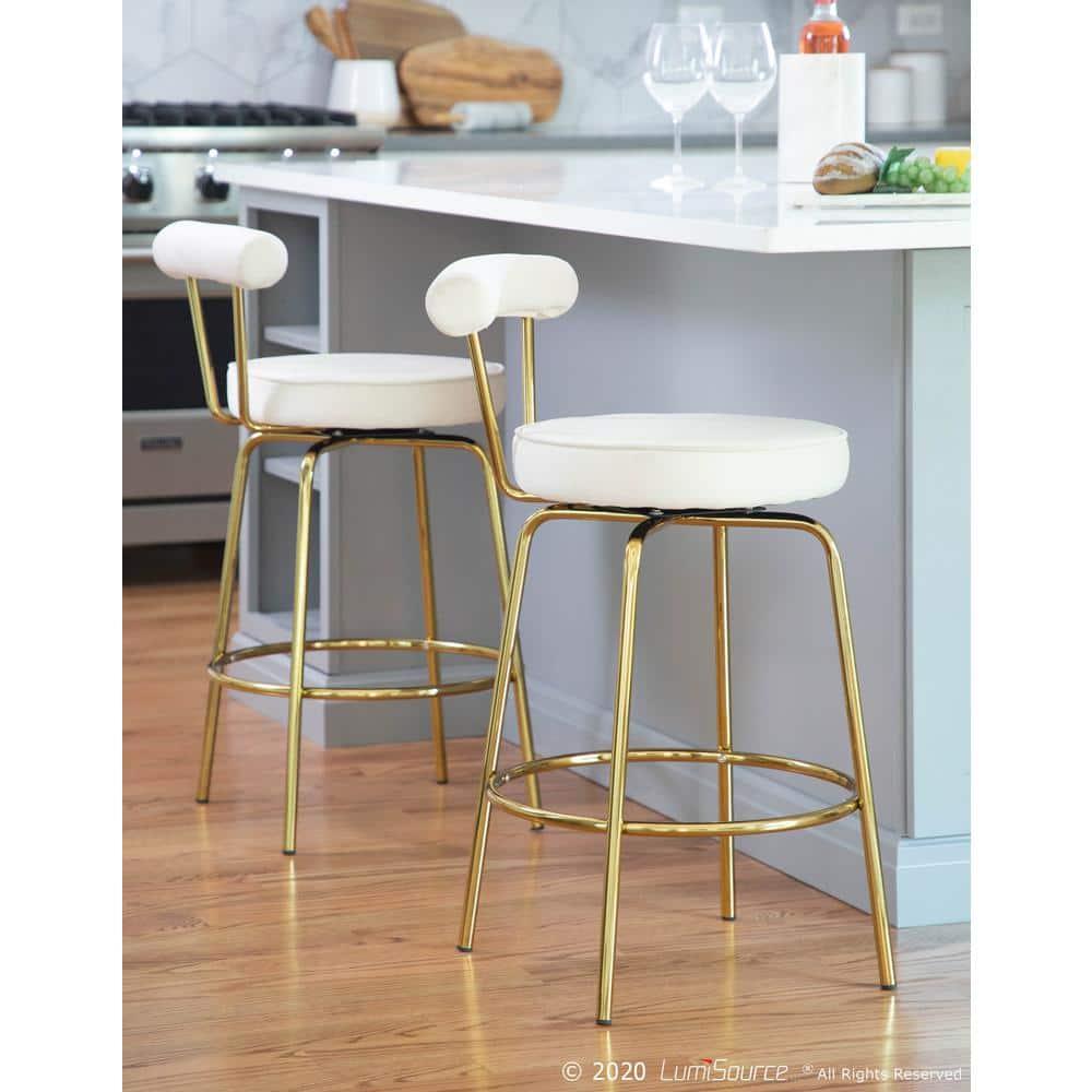 Set of 2 Rhonda Glam Counter Height Barstools Cream Velvet - LumiSource: Gold Finish, Metal Frame, Swivel Function
