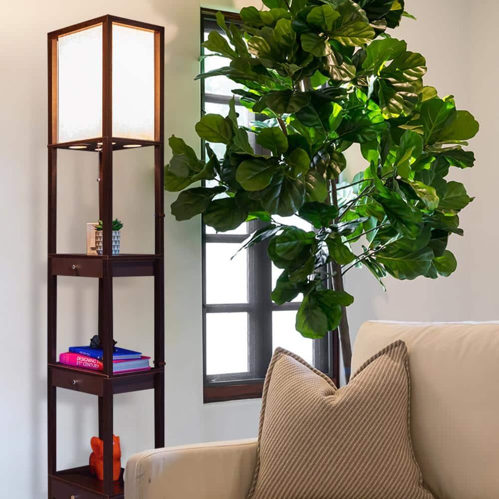 Maxwell 72 in. Havana Brown Traditional 1-Light LED Energy Efficient 3-Drawer Floor Lamp with Beige Fabric Square Shade