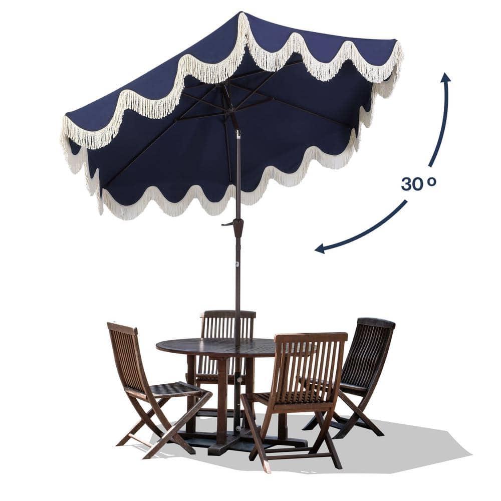 Arlmont & Co. Teretha 9 ft. Classic Cottage Tassel Market Patio Umbrella with Auto-Tilt, Crank, and UV Protection