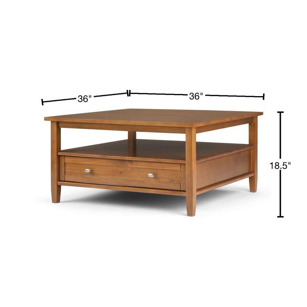 Simpli Home Warm Shaker 36"W Solid Wood Square Coffee Table with Two Drawers and Open Shelf