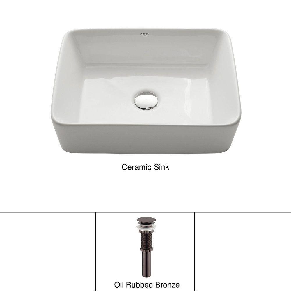 KRAUS Rectangular Ceramic Vessel Bathroom Sink in White with Pop-Up Drain in Oil Rubbed Bronze