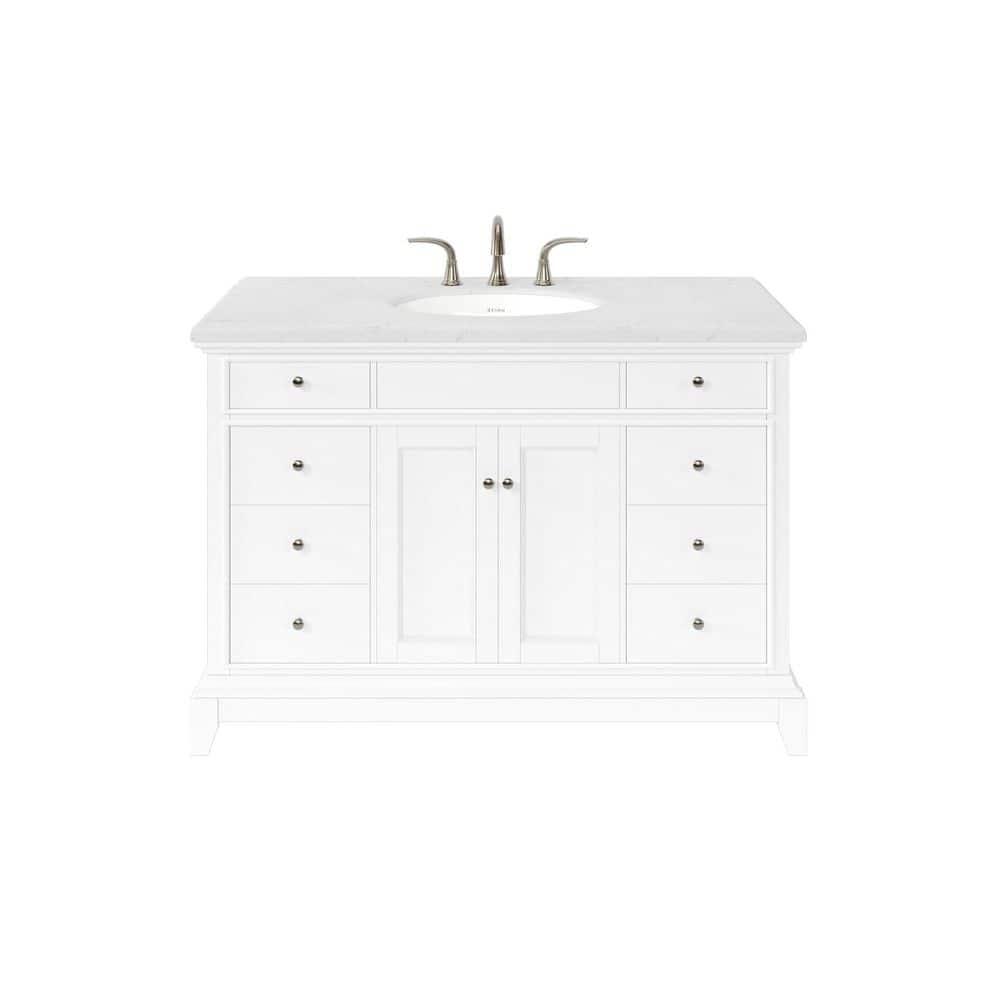 Eviva Elite Stamford . White Single Sink Bath Vanity With Carrara Quartz Top And Undermount Porcelain Sink