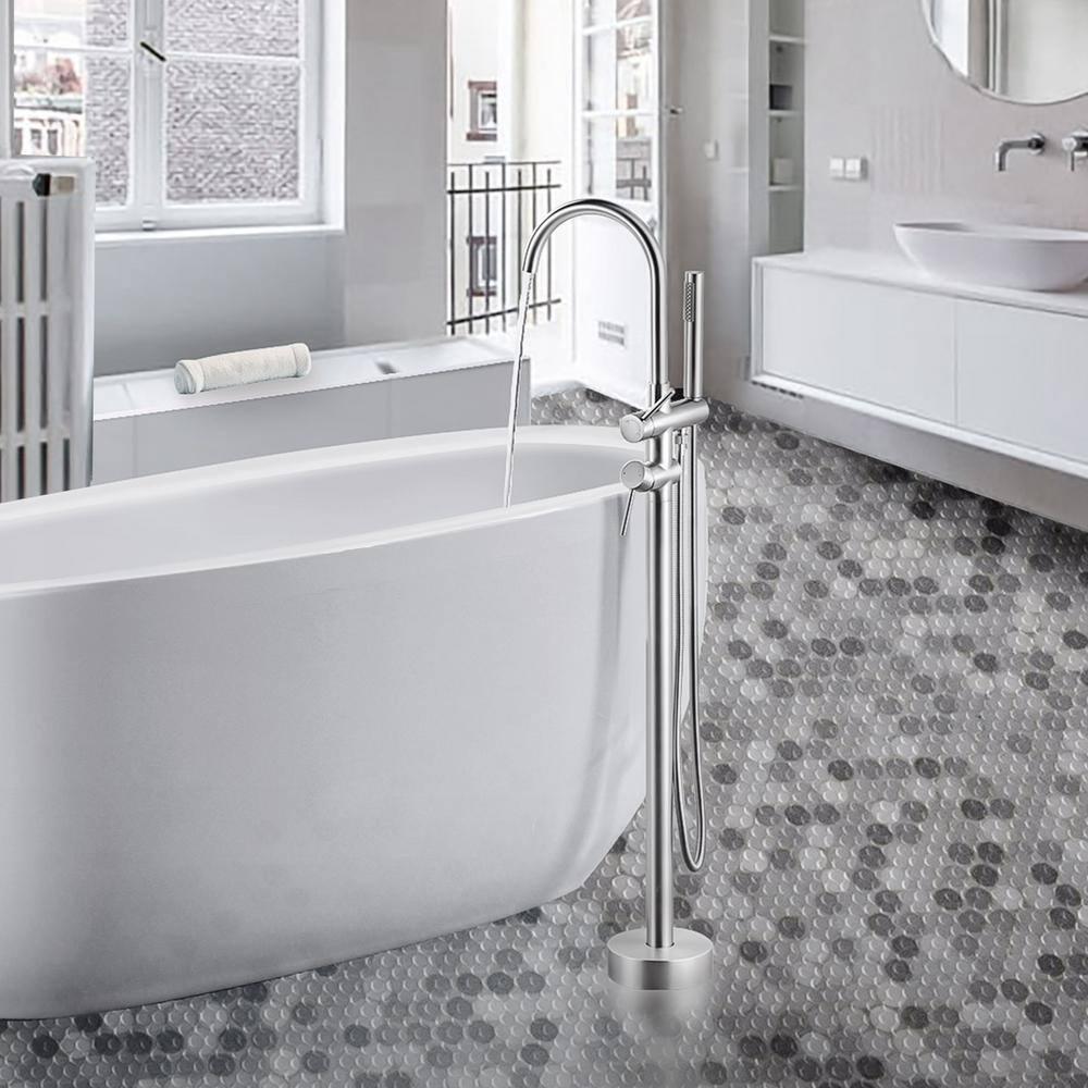 Double Handle Floor Mounted Freestanding Tub Filler With Handshower