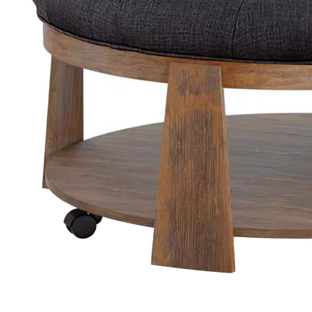 Benjara Gus 41 Inch Ottoman Coffee Table, Button Tufted Gray Fabric, Brown Wood