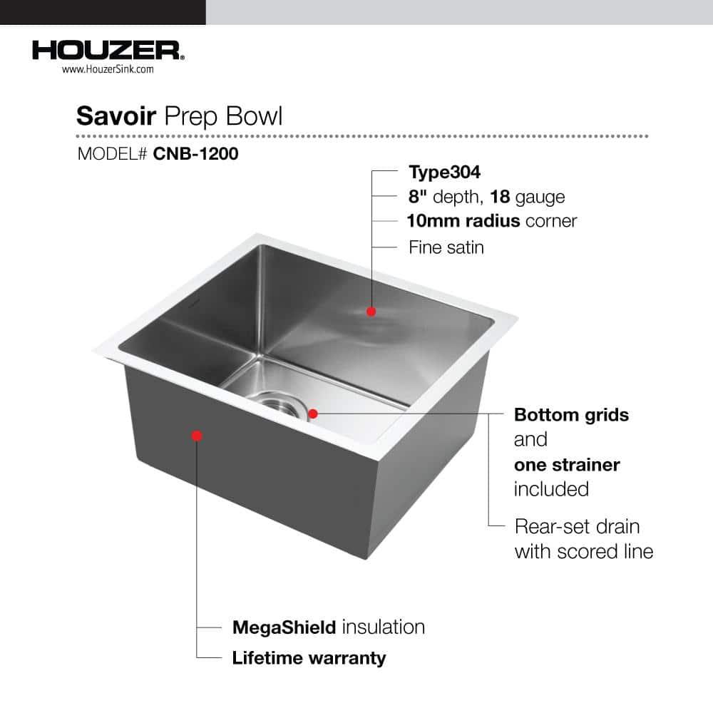 Houzer Savoir Undermount Stainless Steel 12" x 14" Bar Prep Sink, Strainer & Grid Included