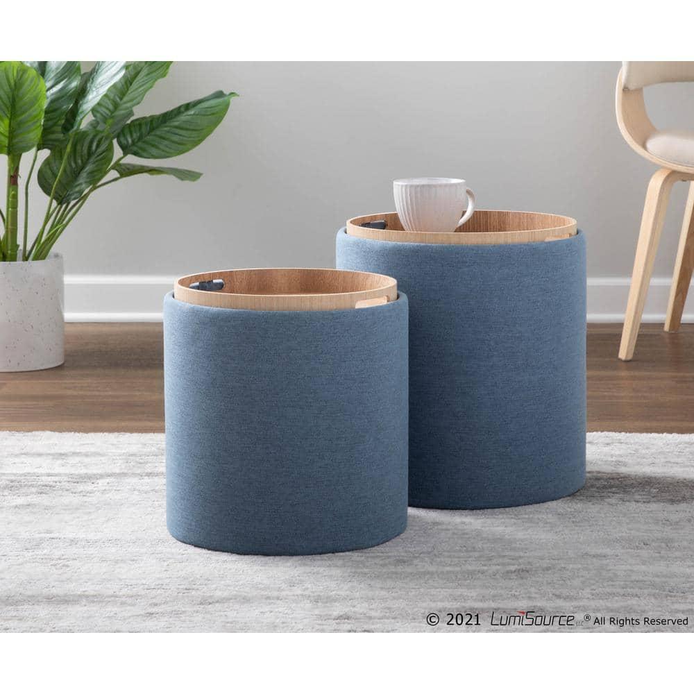 Tray Polyester Wood Contemporary Nesting Ottoman Set Blue/Natural - LumiSource: 2-Piece, Storage Compartment, No Assembly Required