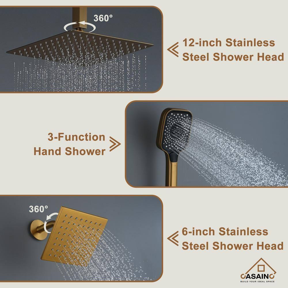 Rainfall Symphony 12inch 3-Function Dual Shower Head Thermostatic Shower System with 3 Sprays Handheld