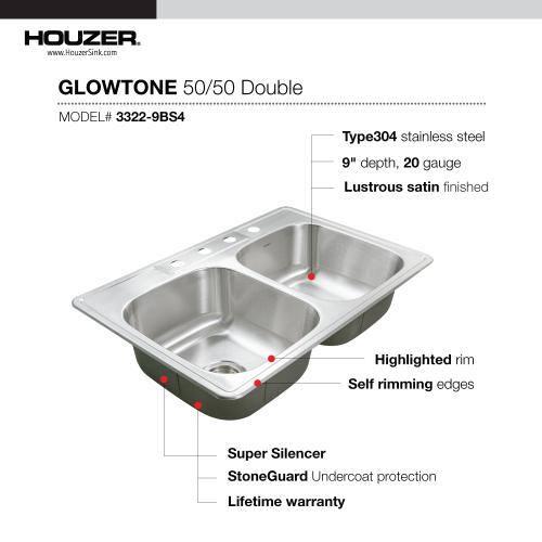 Glowtone 33'' L Drop-In Double Bowl Stainless Steel Kitchen Sink
