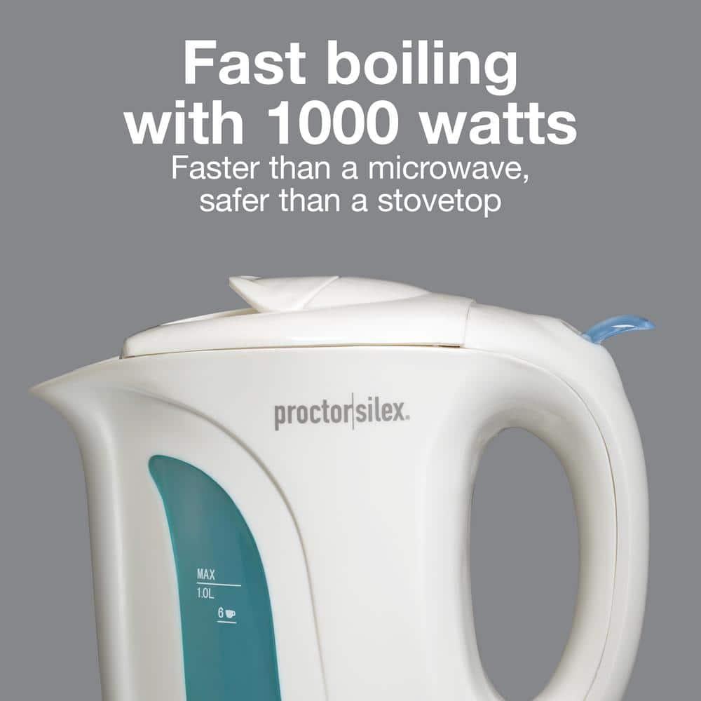 Proctor Silex Electric Kettle, Auto Shutoff, Boil-Dry Protection, 1 Liter, White, New, K2070PS