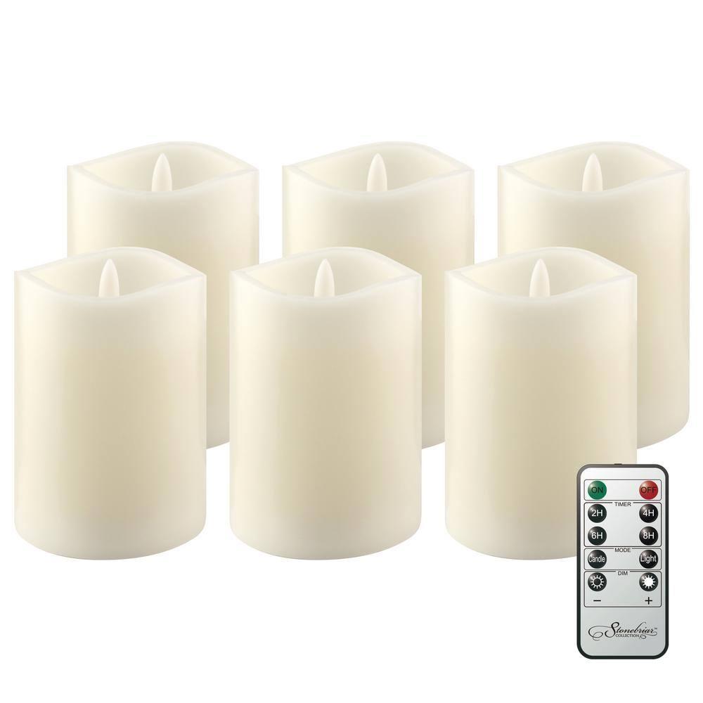 Stonebriar Flameless LED 3"x 4" off-White Real Wax Pillar Candle with Timer and Remote, 6 Pack