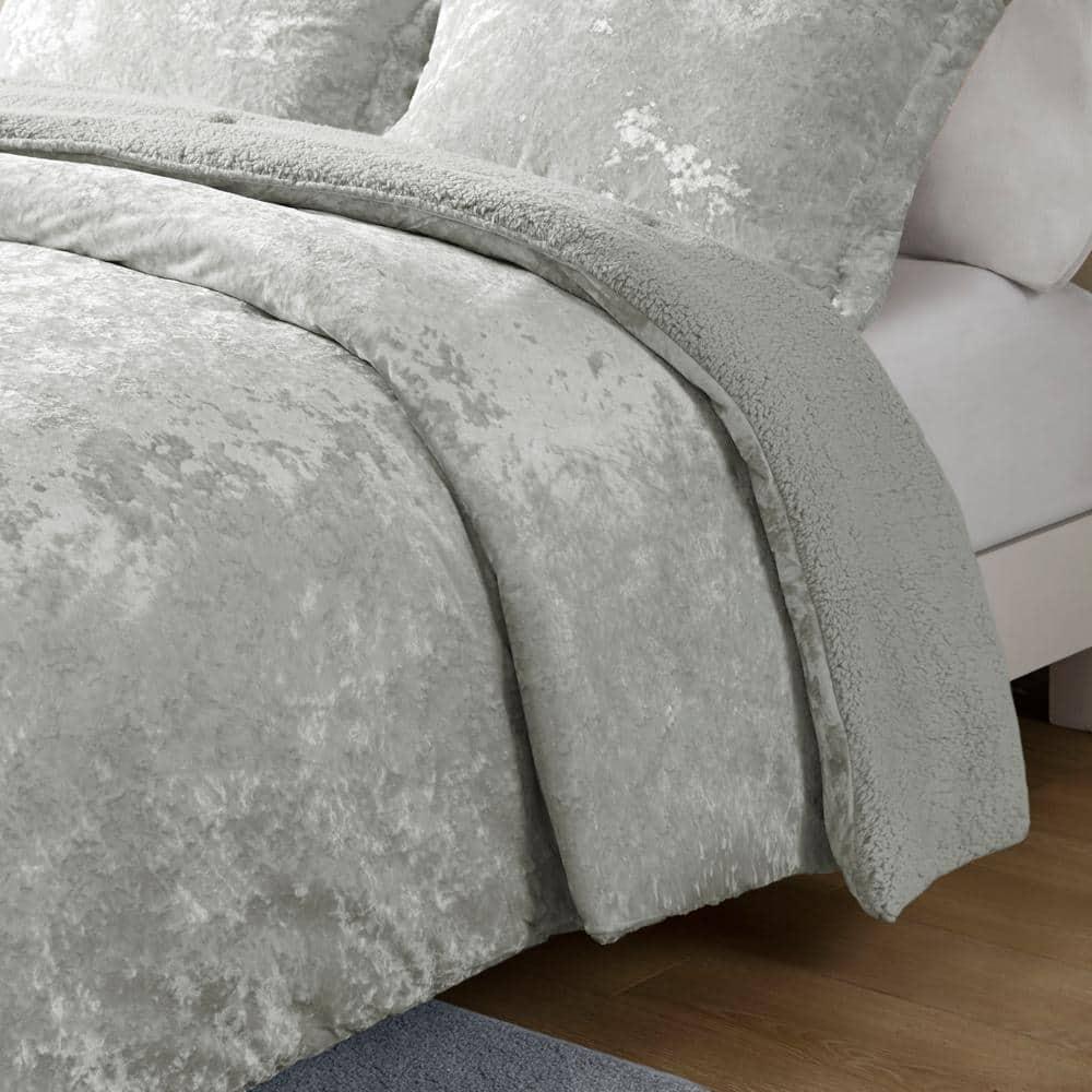 Twin/Twin XL Arabella Crushed Velvet to Faux Shearling Soft Reversible Teen Comforter Set Silver - Intelligent Design: Hypoallergenic Velvet Bedding