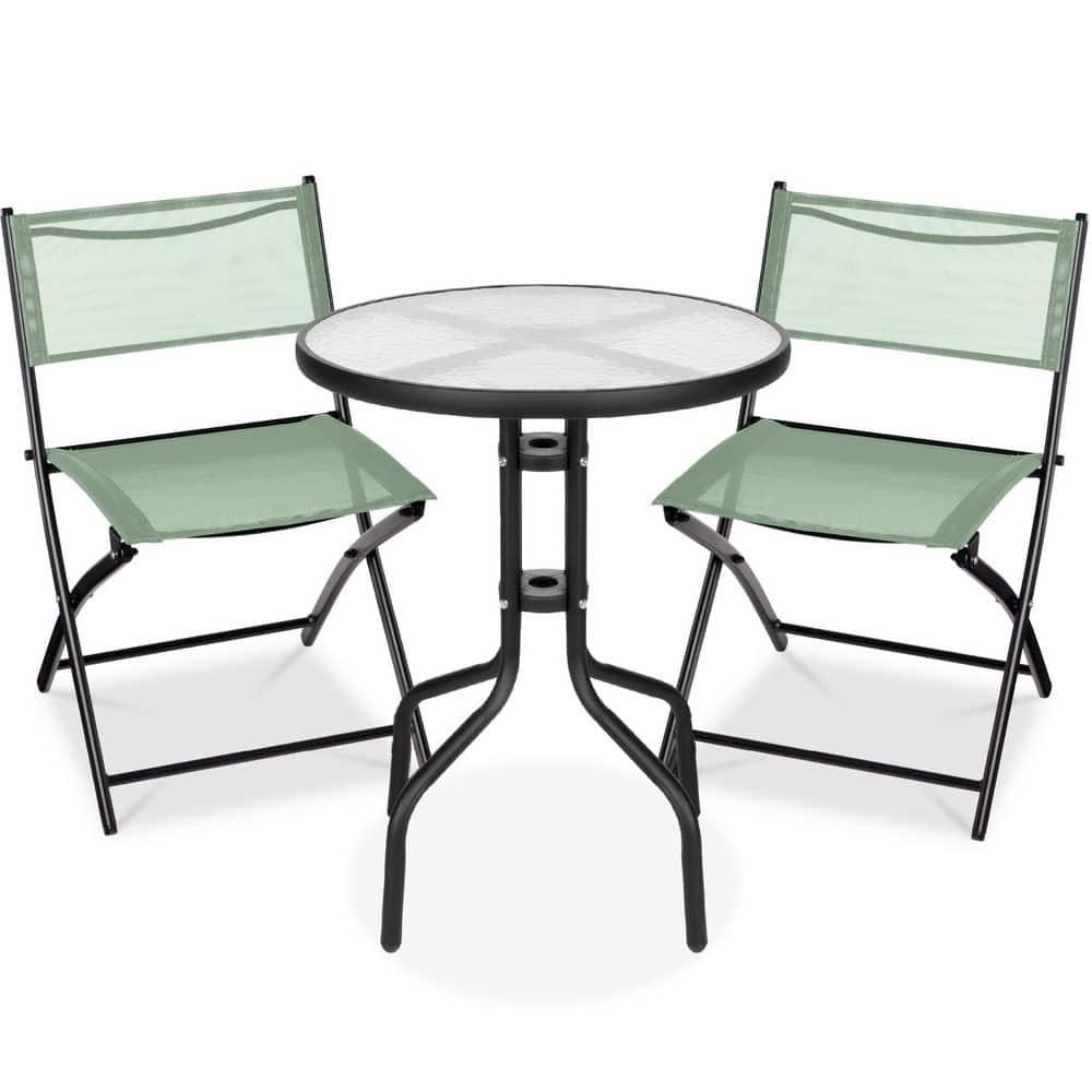 George Oliver 3-Piece Patio Bistro Dining Furniture Set W/ Glass Tabletop, Folding Chairs