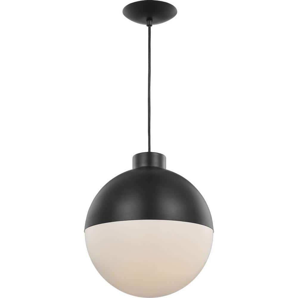 Progress Lighting, Globe Collection, 1-Light Pendant, Black Finish, Opal Glass Shade
