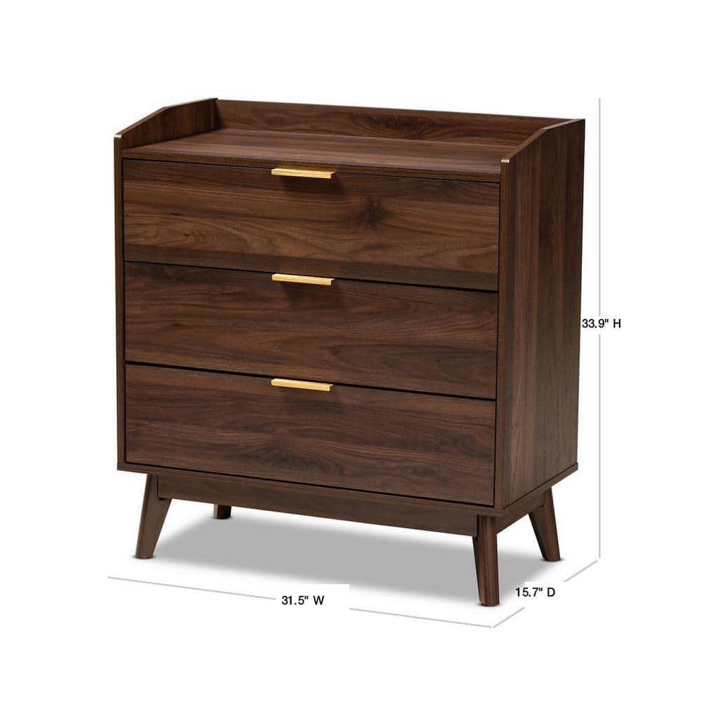 Lena Walnut Chest Brown - Baxton Studio: Mid-Century 3-Drawer Storage for Bedroom