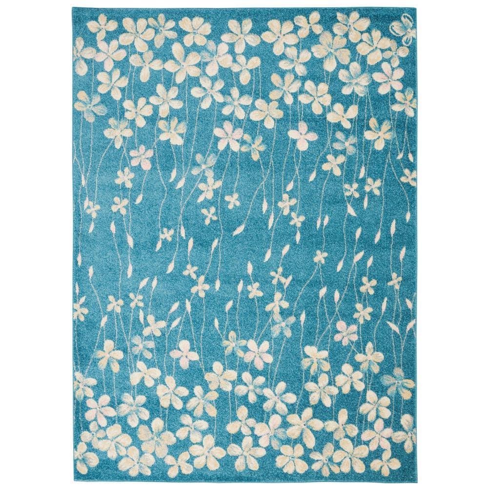 Nourison Tranquil 5'3" X 7'3" (5' x 7') Turquoise Area Rug Bohemian Botanical Vine and Bloom by Nourison