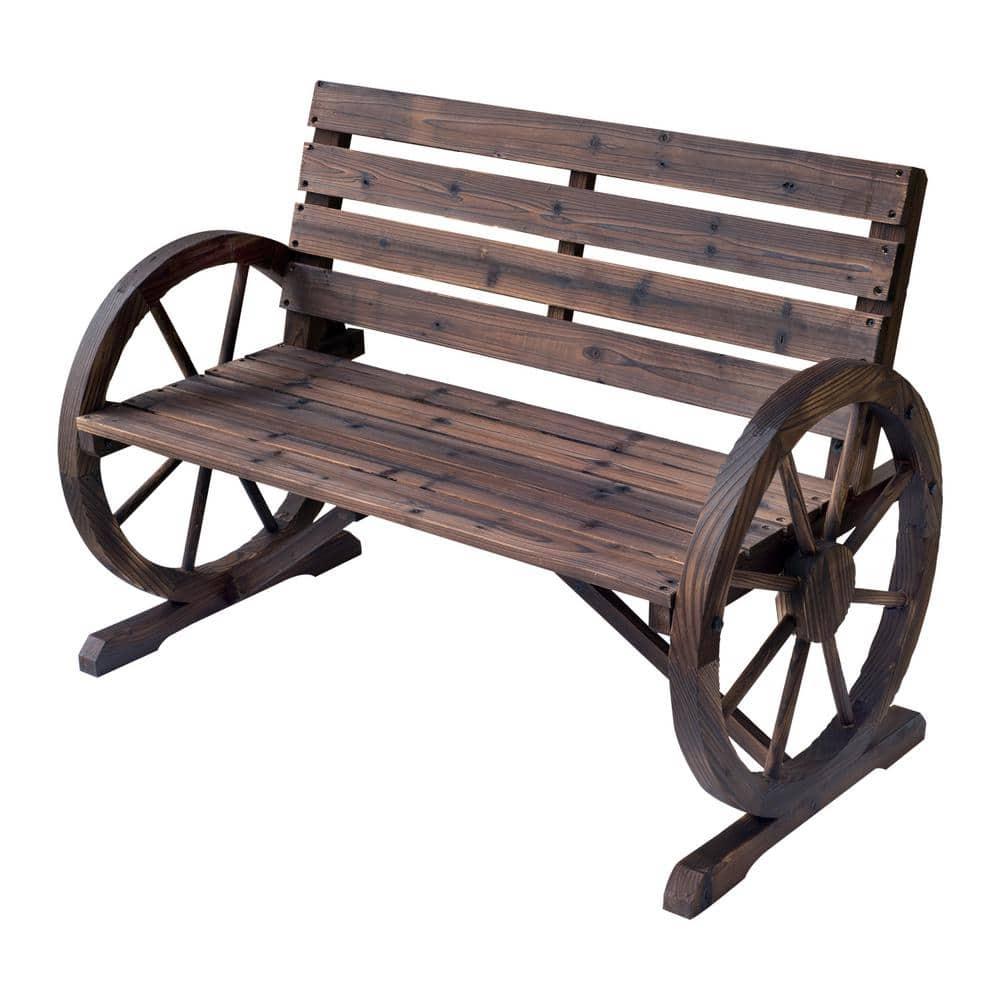ZWNLKQG Wooden Wagon Wheel Bench  Rustic Outdoor Patio   2-Person Seat Bench for Backyard  Patio  Garden  41.5" x 23.25" x 29.5"  Brown