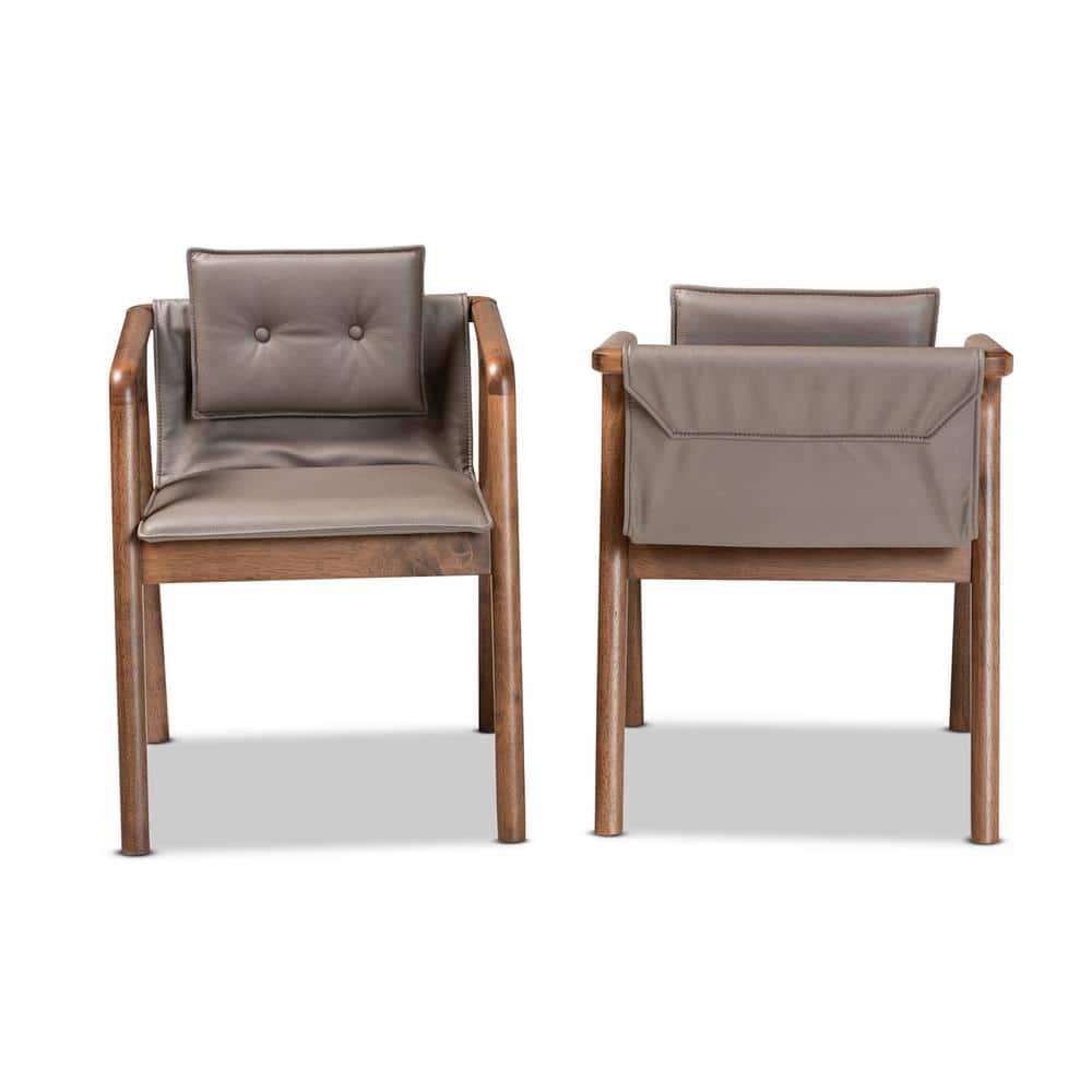 Baxton Studio 2pc Marcena Leather Upholstered and Wood Dining Chair Set Gray/Walnut Brown: Elegant Button-Tufted, Ergonomic Armrests