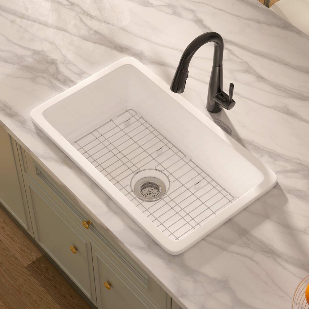 Eridanus Oslo 30" x 18" White Single Bowl Fireclay Undermount Kitchen Sink with Basket Strainer and Bottom Grid ERI-DS-164