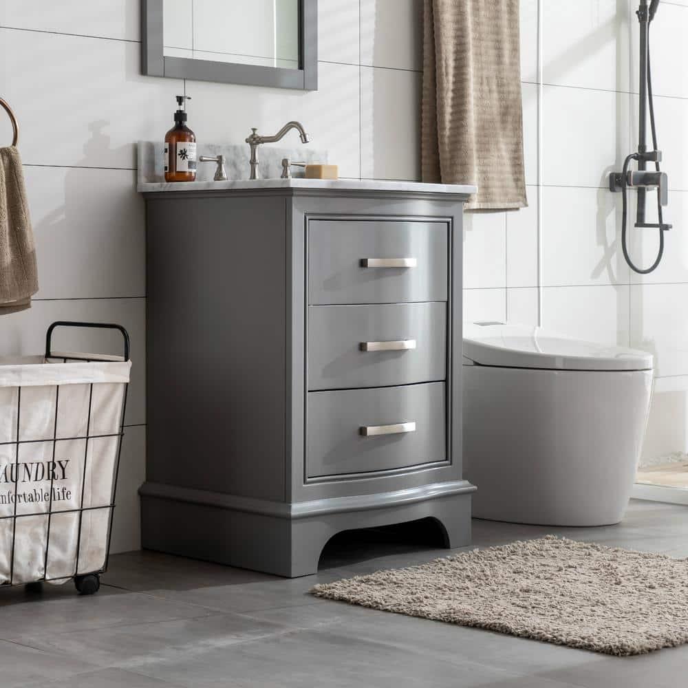 Monroe 24 in. W x 22 in. D Bath Vanity in Gray with Natural Marble Vanity Top in Carrara White with White Sink